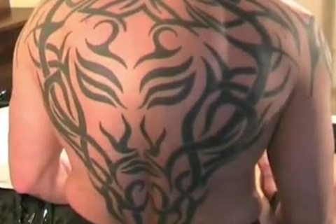 Tattooed gay three-some Creamy plow